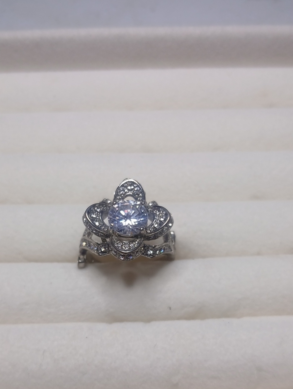 Sterling Silver Floral Halo Ring with Clear Stone - Silver